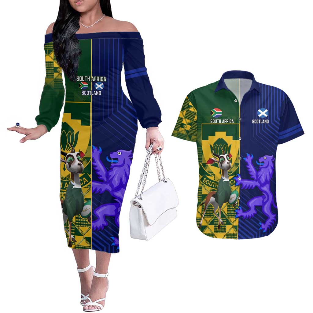 Custom South Africa And Scotland Rugby Couples Matching Off The Shoulder Long Sleeve Dress and Hawaiian Shirt Springboks Thistle Together