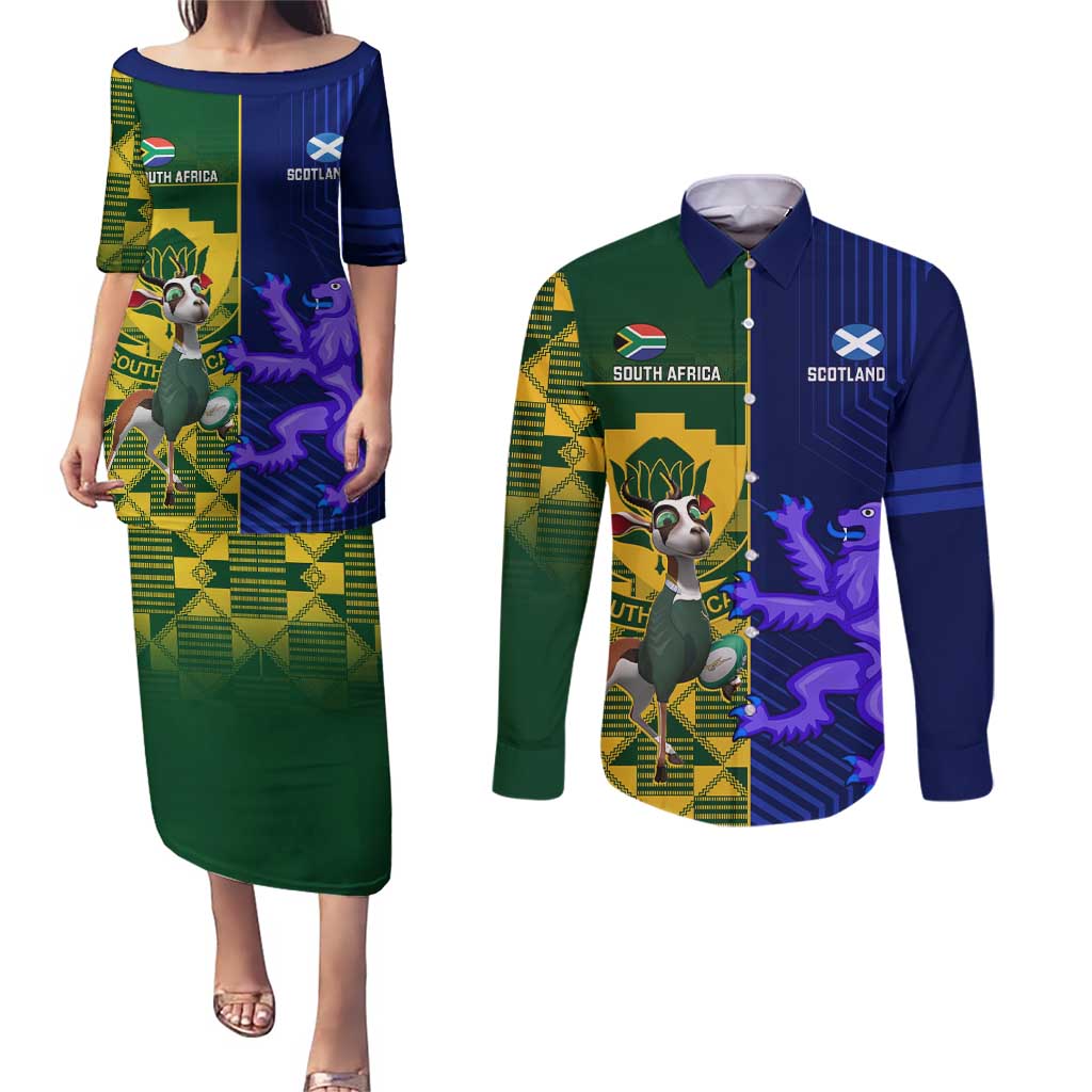 Custom South Africa And Scotland Rugby Couples Matching Puletasi and Long Sleeve Button Shirt Springboks Thistle Together