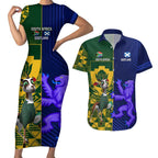 Custom South Africa And Scotland Rugby Couples Matching Short Sleeve Bodycon Dress and Hawaiian Shirt Springboks Thistle Together