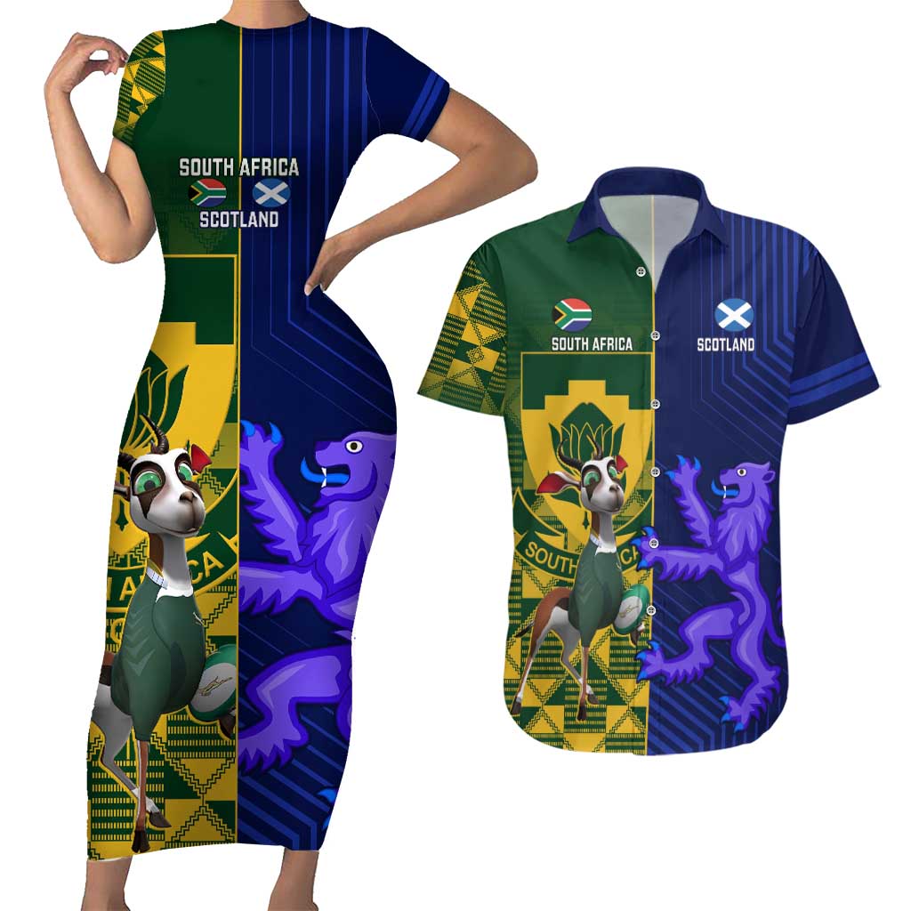 Custom South Africa And Scotland Rugby Couples Matching Short Sleeve Bodycon Dress and Hawaiian Shirt Springboks Thistle Together