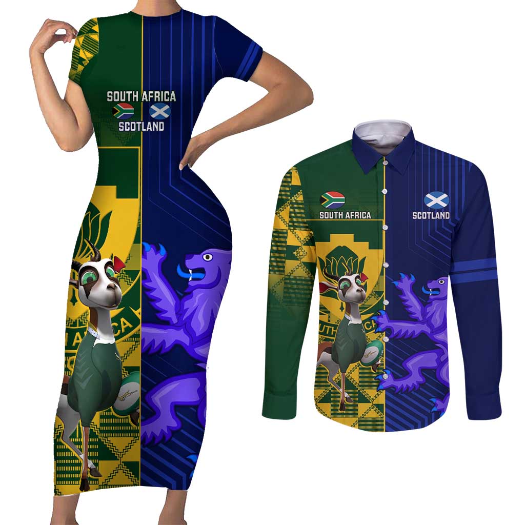 Custom South Africa And Scotland Rugby Couples Matching Short Sleeve Bodycon Dress and Long Sleeve Button Shirt Springboks Thistle Together