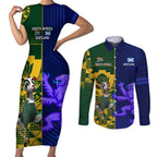 Custom South Africa And Scotland Rugby Couples Matching Short Sleeve Bodycon Dress and Long Sleeve Button Shirt Springboks Thistle Together