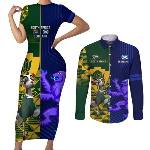 Custom South Africa And Scotland Rugby Couples Matching Short Sleeve Bodycon Dress and Long Sleeve Button Shirt Springboks Thistle Together