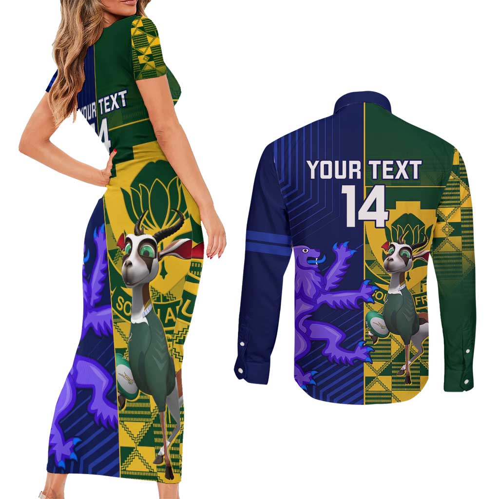 Custom South Africa And Scotland Rugby Couples Matching Short Sleeve Bodycon Dress and Long Sleeve Button Shirt Springboks Thistle Together