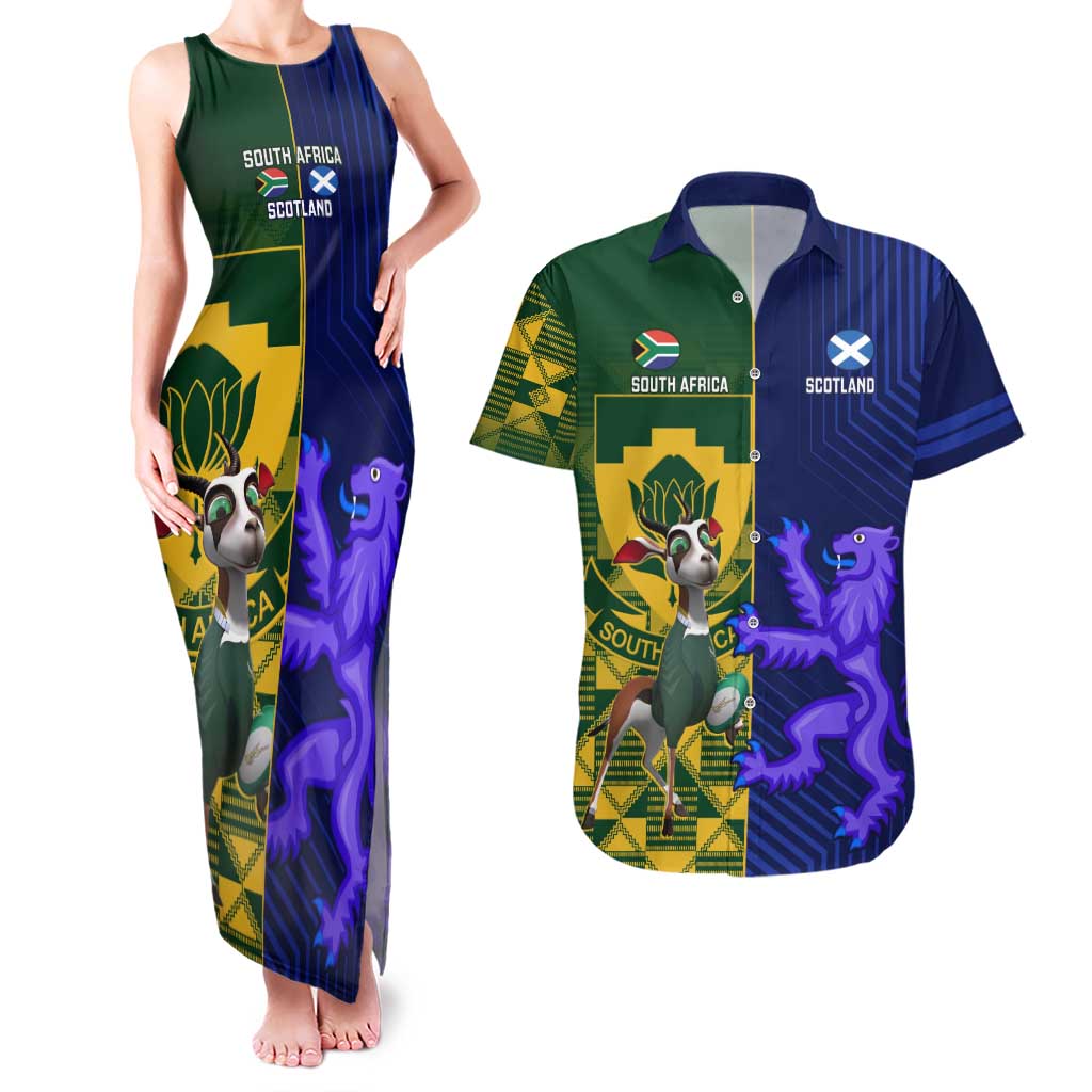 Custom South Africa And Scotland Rugby Couples Matching Tank Maxi Dress and Hawaiian Shirt Springboks Thistle Together