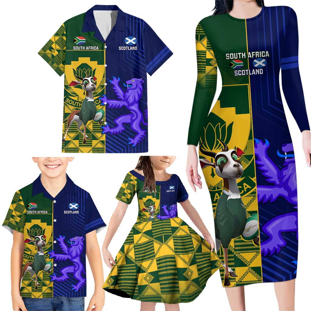 Custom South Africa And Scotland Rugby Family Matching Long Sleeve Bodycon Dress and Hawaiian Shirt Springboks Thistle Together