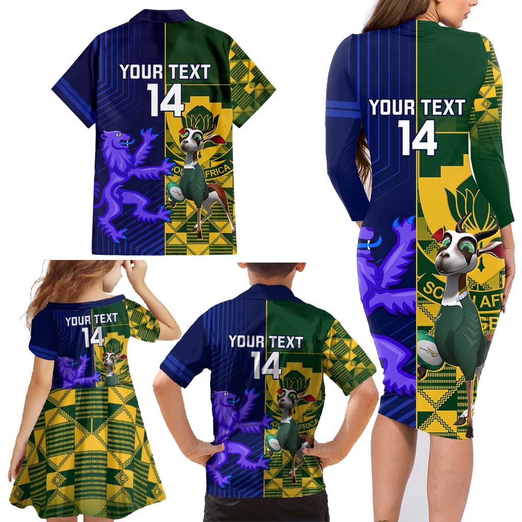 Custom South Africa And Scotland Rugby Family Matching Long Sleeve Bodycon Dress and Hawaiian Shirt Springboks Thistle Together
