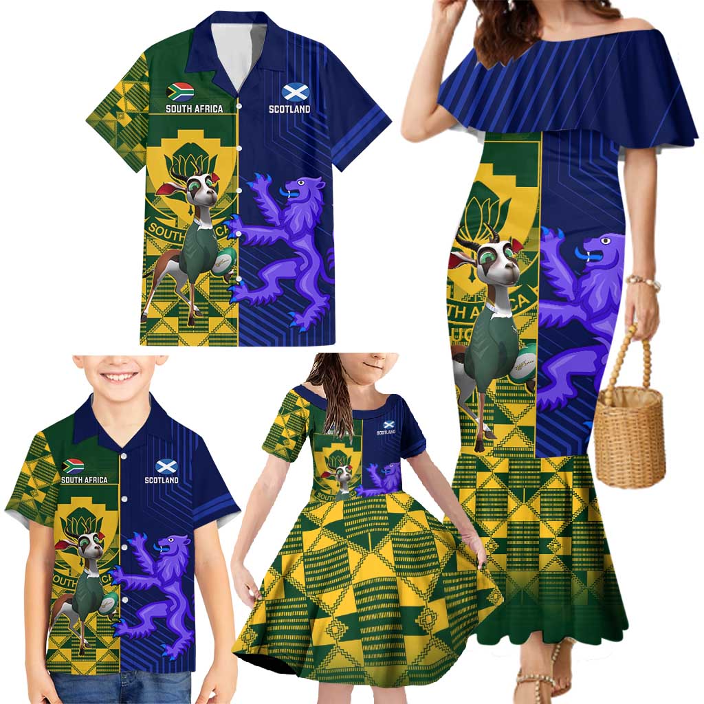 Custom South Africa And Scotland Rugby Family Matching Mermaid Dress and Hawaiian Shirt Springboks Thistle Together