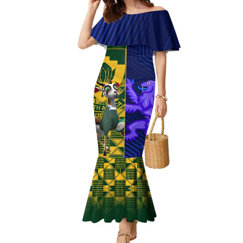 Custom South Africa And Scotland Rugby Family Matching Mermaid Dress and Hawaiian Shirt Springboks Thistle Together