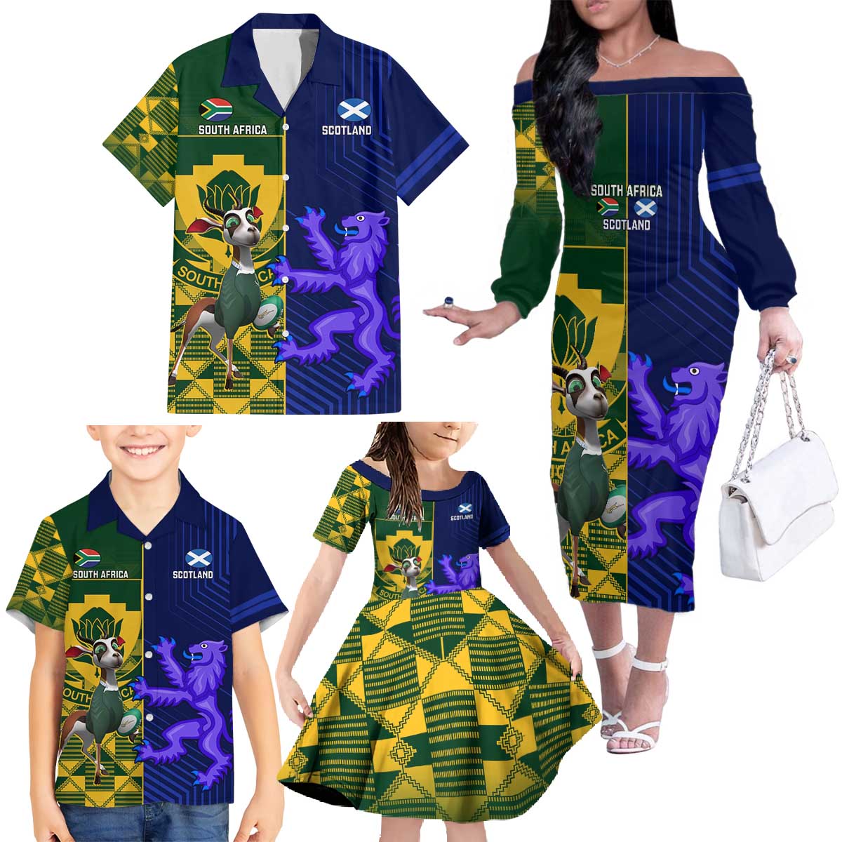 Custom South Africa And Scotland Rugby Family Matching Off The Shoulder Long Sleeve Dress and Hawaiian Shirt Springboks Thistle Together