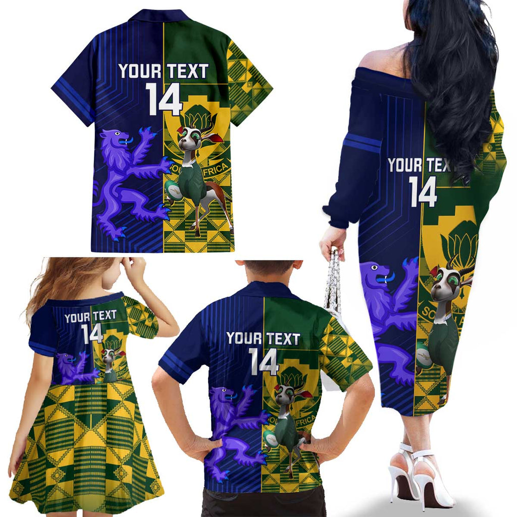 Custom South Africa And Scotland Rugby Family Matching Off The Shoulder Long Sleeve Dress and Hawaiian Shirt Springboks Thistle Together