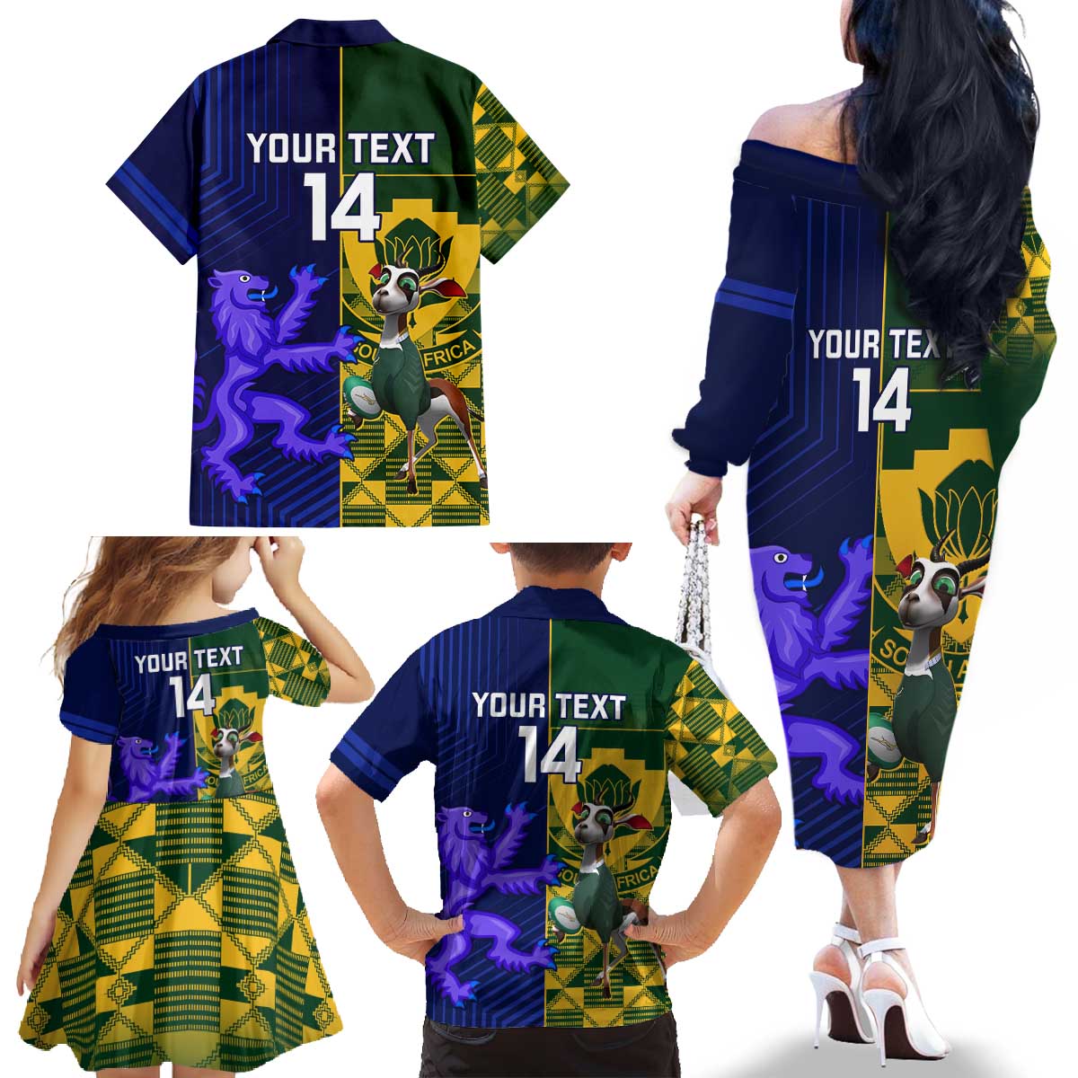 Custom South Africa And Scotland Rugby Family Matching Off The Shoulder Long Sleeve Dress and Hawaiian Shirt Springboks Thistle Together