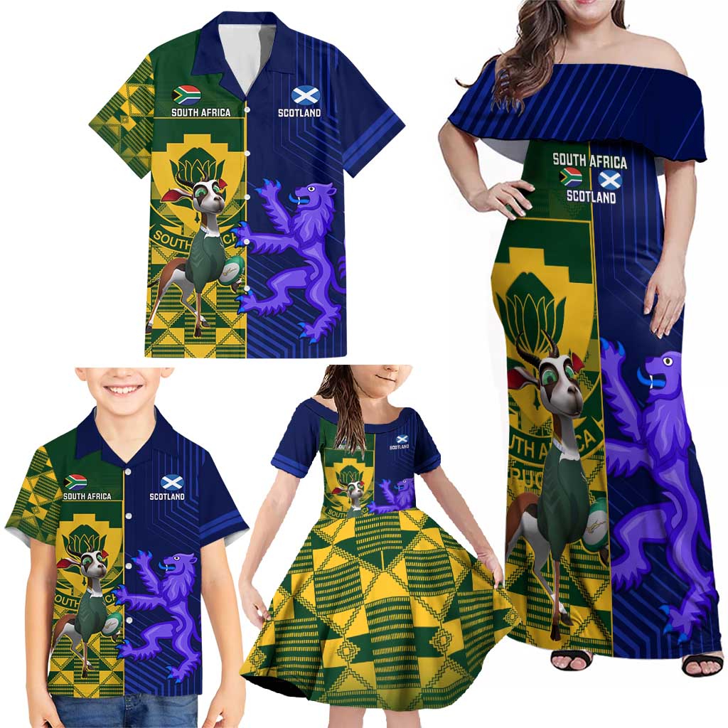 Custom South Africa And Scotland Rugby Family Matching Off Shoulder Maxi Dress and Hawaiian Shirt Springboks Thistle Together