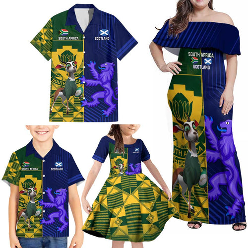 Custom South Africa And Scotland Rugby Family Matching Off Shoulder Maxi Dress and Hawaiian Shirt Springboks Thistle Together
