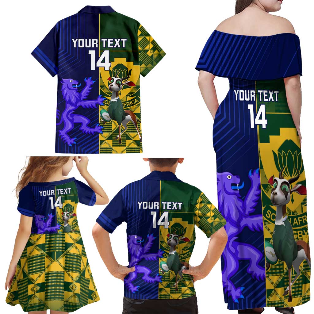 Custom South Africa And Scotland Rugby Family Matching Off Shoulder Maxi Dress and Hawaiian Shirt Springboks Thistle Together
