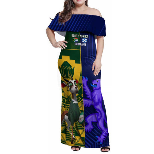 Custom South Africa And Scotland Rugby Family Matching Off Shoulder Maxi Dress and Hawaiian Shirt Springboks Thistle Together