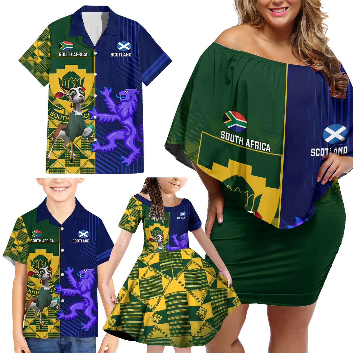 Custom South Africa And Scotland Rugby Family Matching Off Shoulder Short Dress and Hawaiian Shirt Springboks Thistle Together