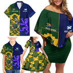 Custom South Africa And Scotland Rugby Family Matching Off Shoulder Short Dress and Hawaiian Shirt Springboks Thistle Together