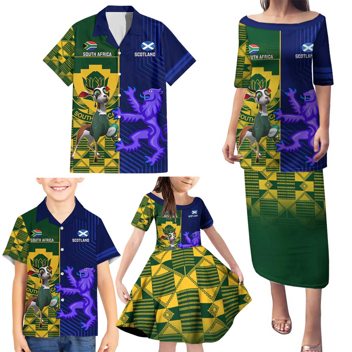 Custom South Africa And Scotland Rugby Family Matching Puletasi and Hawaiian Shirt Springboks Thistle Together