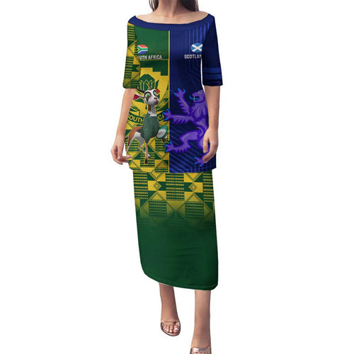 Custom South Africa And Scotland Rugby Family Matching Puletasi and Hawaiian Shirt Springboks Thistle Together