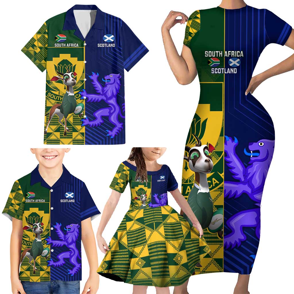 Custom South Africa And Scotland Rugby Family Matching Short Sleeve Bodycon Dress and Hawaiian Shirt Springboks Thistle Together