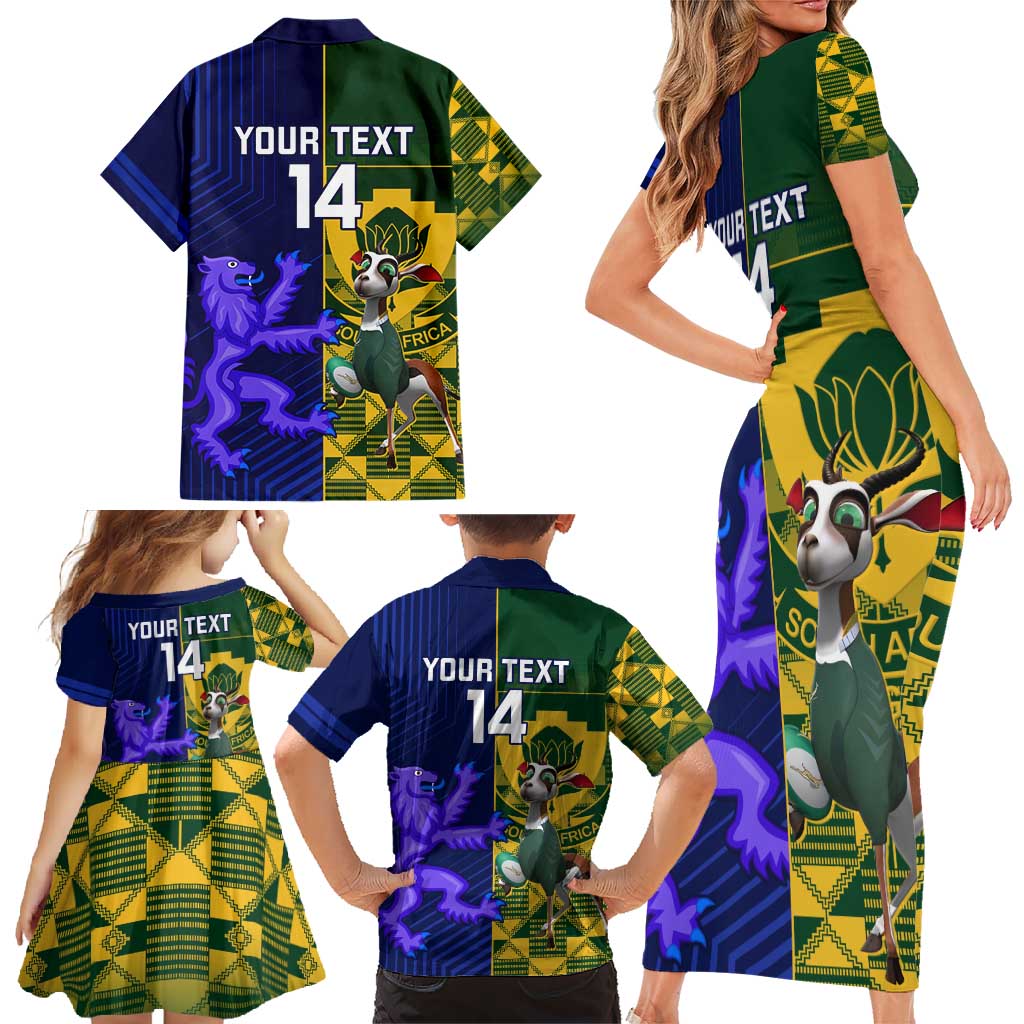 Custom South Africa And Scotland Rugby Family Matching Short Sleeve Bodycon Dress and Hawaiian Shirt Springboks Thistle Together