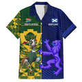 Custom South Africa And Scotland Rugby Family Matching Short Sleeve Bodycon Dress and Hawaiian Shirt Springboks Thistle Together