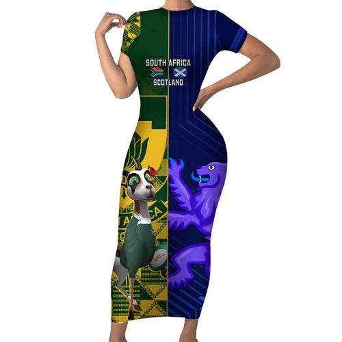 Custom South Africa And Scotland Rugby Family Matching Short Sleeve Bodycon Dress and Hawaiian Shirt Springboks Thistle Together