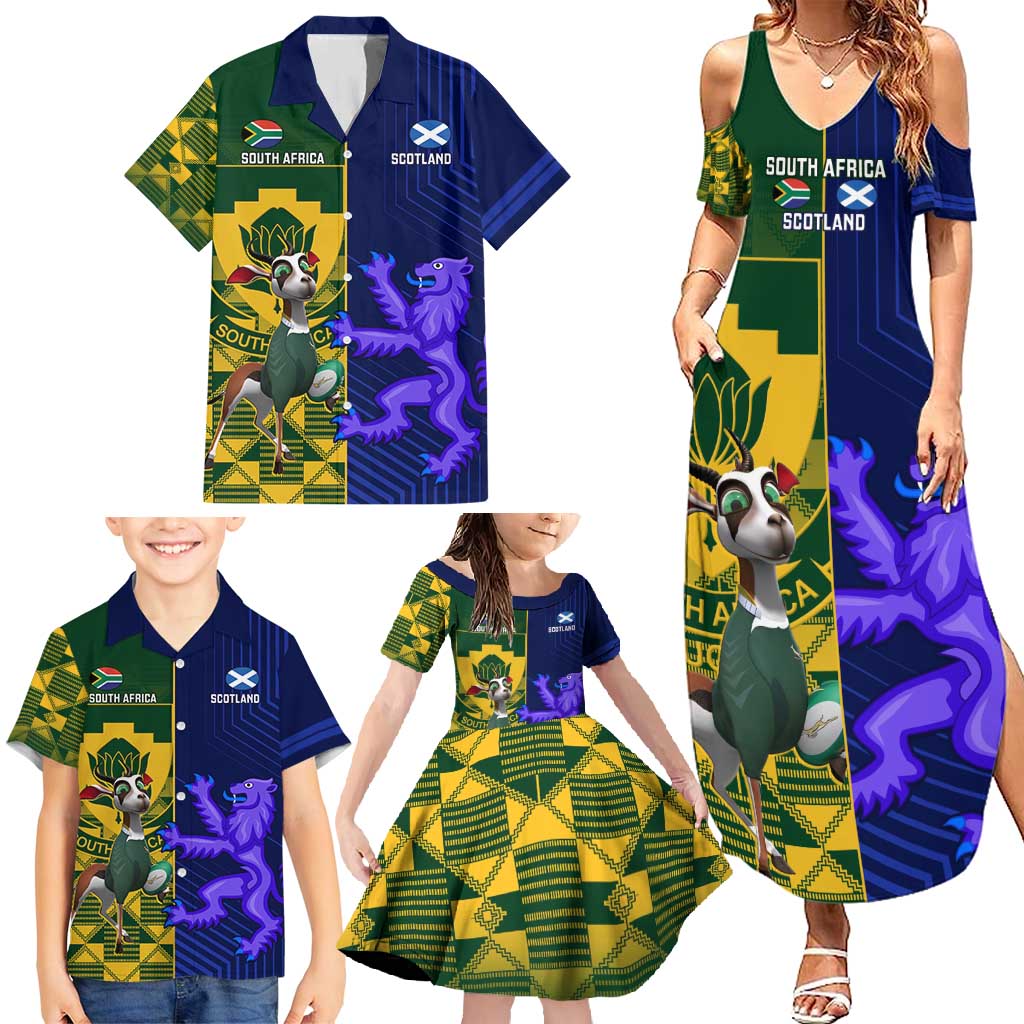 Custom South Africa And Scotland Rugby Family Matching Summer Maxi Dress and Hawaiian Shirt Springboks Thistle Together