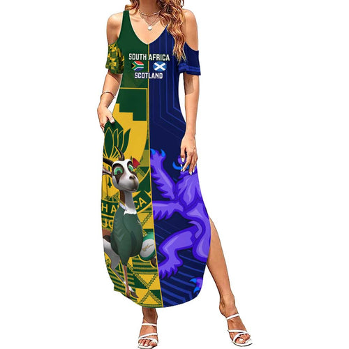 Custom South Africa And Scotland Rugby Family Matching Summer Maxi Dress and Hawaiian Shirt Springboks Thistle Together