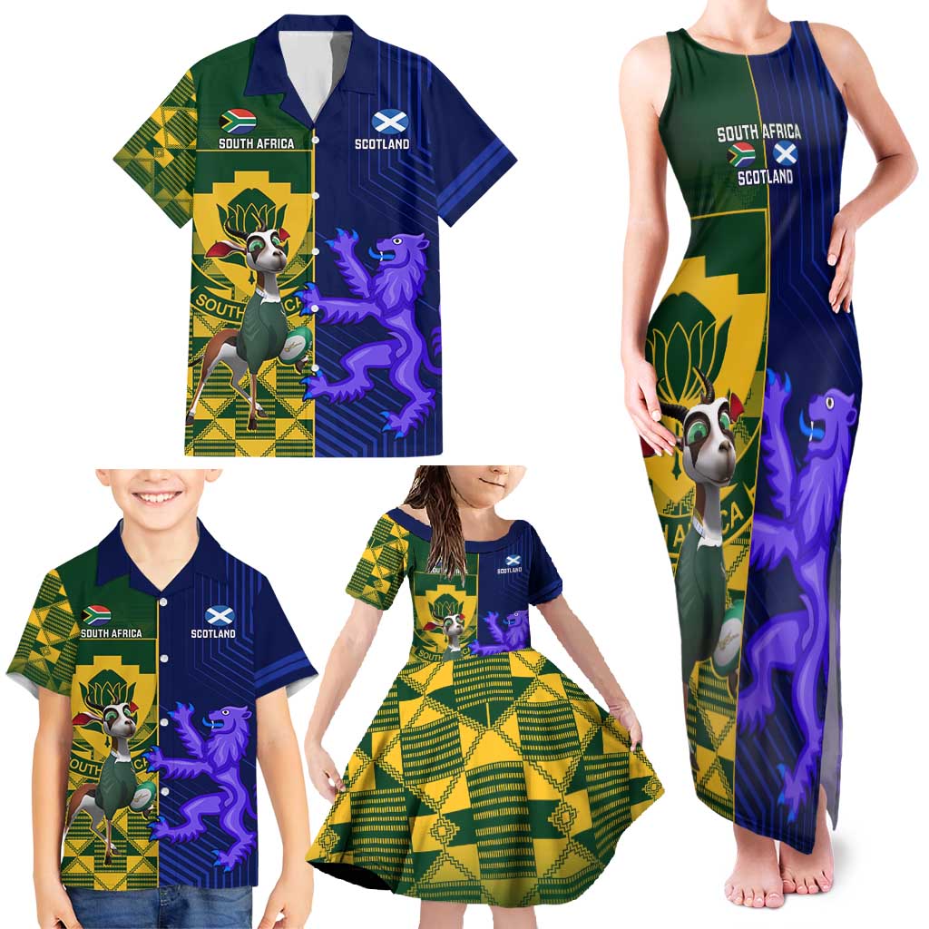 Custom South Africa And Scotland Rugby Family Matching Tank Maxi Dress and Hawaiian Shirt Springboks Thistle Together