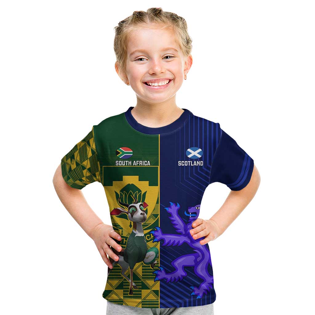 Custom South Africa And Scotland Rugby Kid T Shirt Springboks Thistle Together