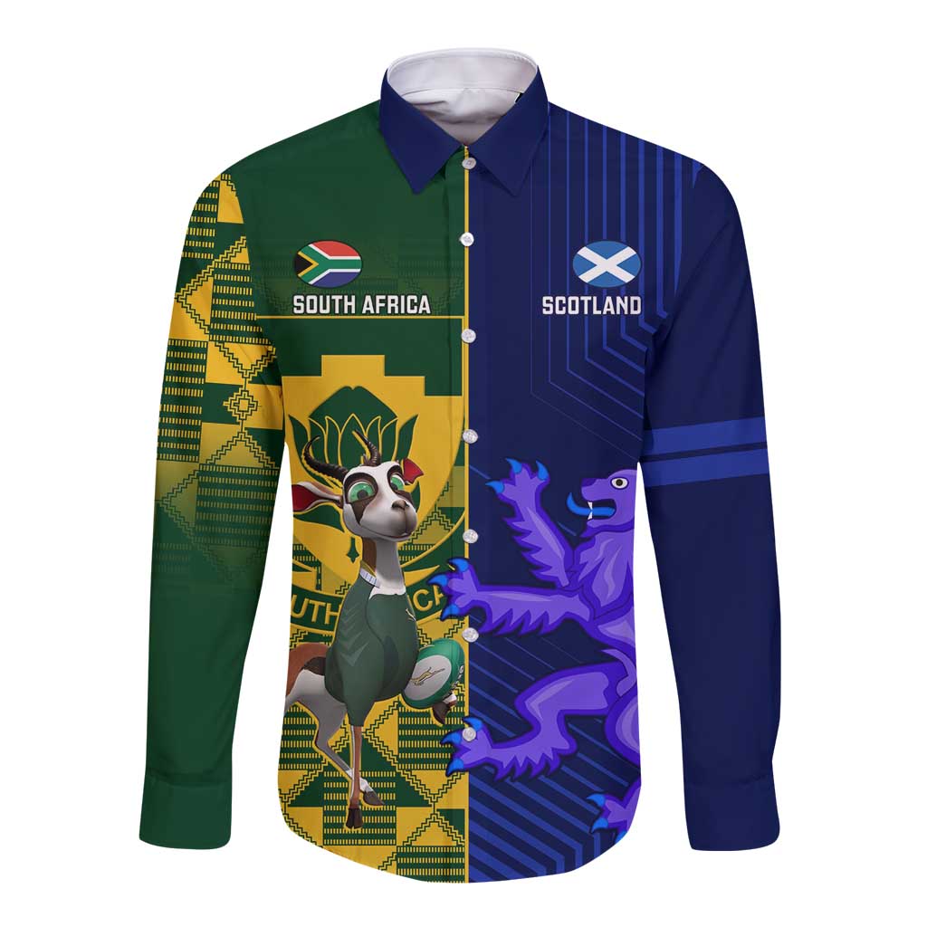 Custom South Africa And Scotland Rugby Long Sleeve Button Shirt Springboks Thistle Together