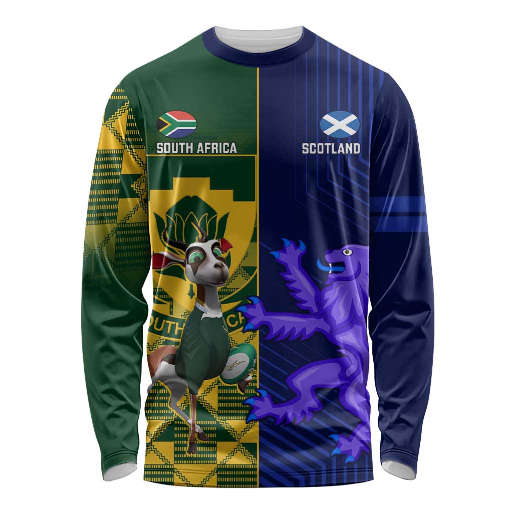 Custom South Africa And Scotland Rugby Long Sleeve Shirt Springboks Thistle Together