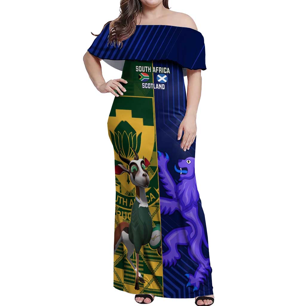 Custom South Africa And Scotland Rugby Off Shoulder Maxi Dress Springboks Thistle Together