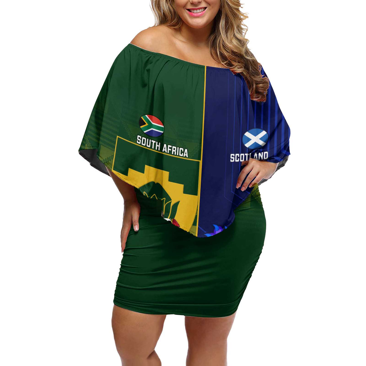 Custom South Africa And Scotland Rugby Off Shoulder Short Dress Springboks Thistle Together