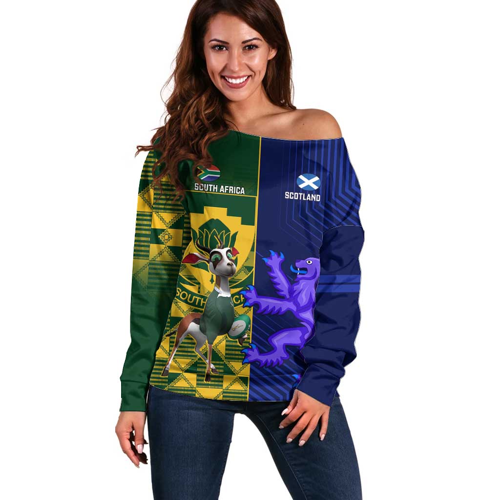 Custom South Africa And Scotland Rugby Off Shoulder Sweater Springboks Thistle Together