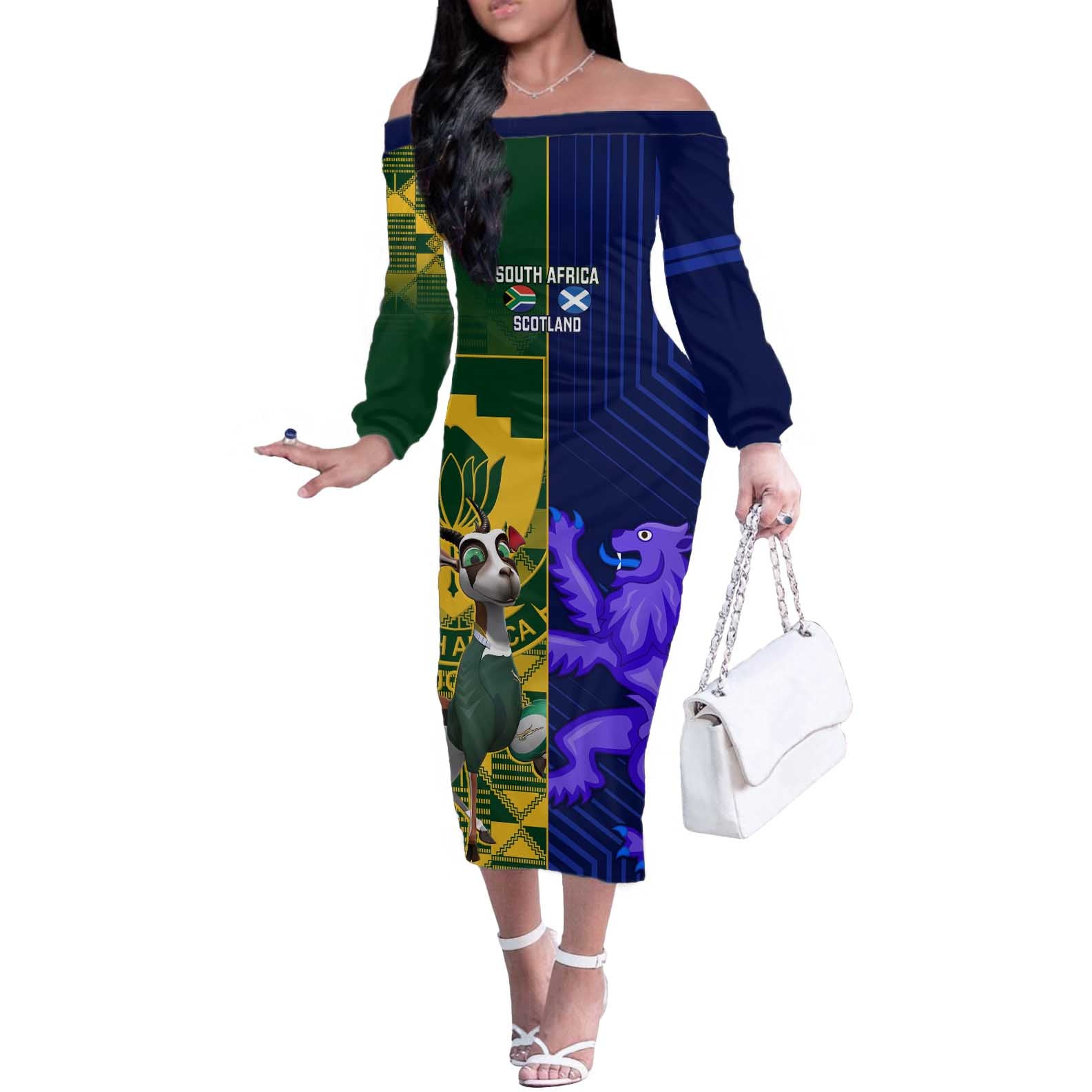 Custom South Africa And Scotland Rugby Off The Shoulder Long Sleeve Dress Springboks Thistle Together