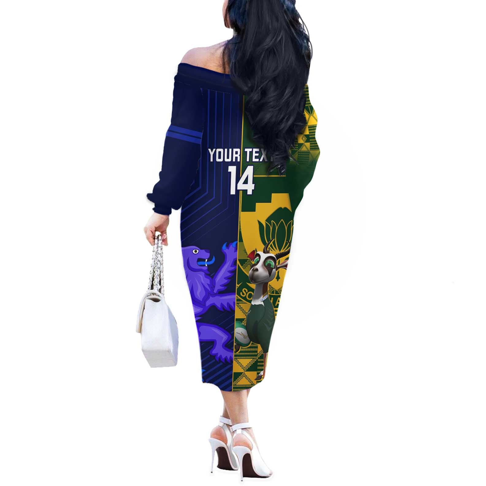 Custom South Africa And Scotland Rugby Off The Shoulder Long Sleeve Dress Springboks Thistle Together