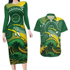 Personalised Australia Swimming Couples Matching Long Sleeve Bodycon Dress and Hawaiian Shirt Aussie Dolphin Aboriginal National Color