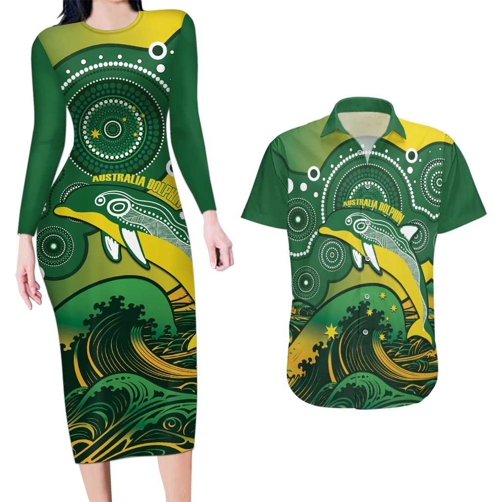 Personalised Australia Swimming Couples Matching Long Sleeve Bodycon Dress and Hawaiian Shirt Aussie Dolphin Aboriginal National Color