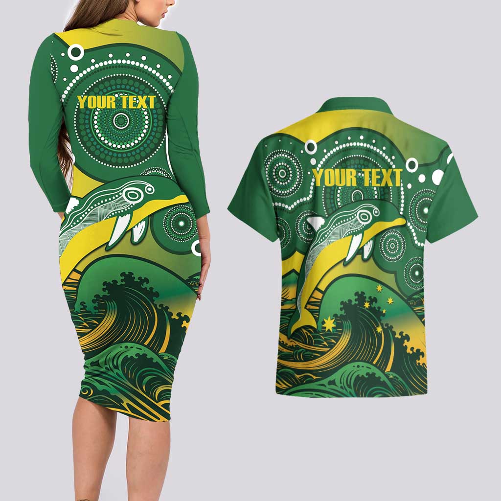 Personalised Australia Swimming Couples Matching Long Sleeve Bodycon Dress and Hawaiian Shirt Aussie Dolphin Aboriginal National Color
