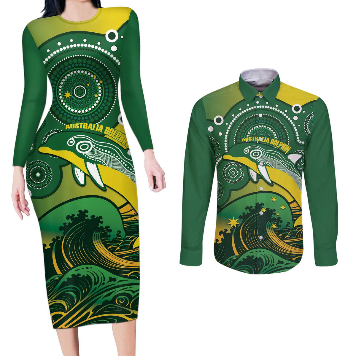 Personalised Australia Swimming Couples Matching Long Sleeve Bodycon Dress and Long Sleeve Button Shirt Aussie Dolphin Aboriginal National Color