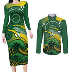 Personalised Australia Swimming Couples Matching Long Sleeve Bodycon Dress and Long Sleeve Button Shirt Aussie Dolphin Aboriginal National Color