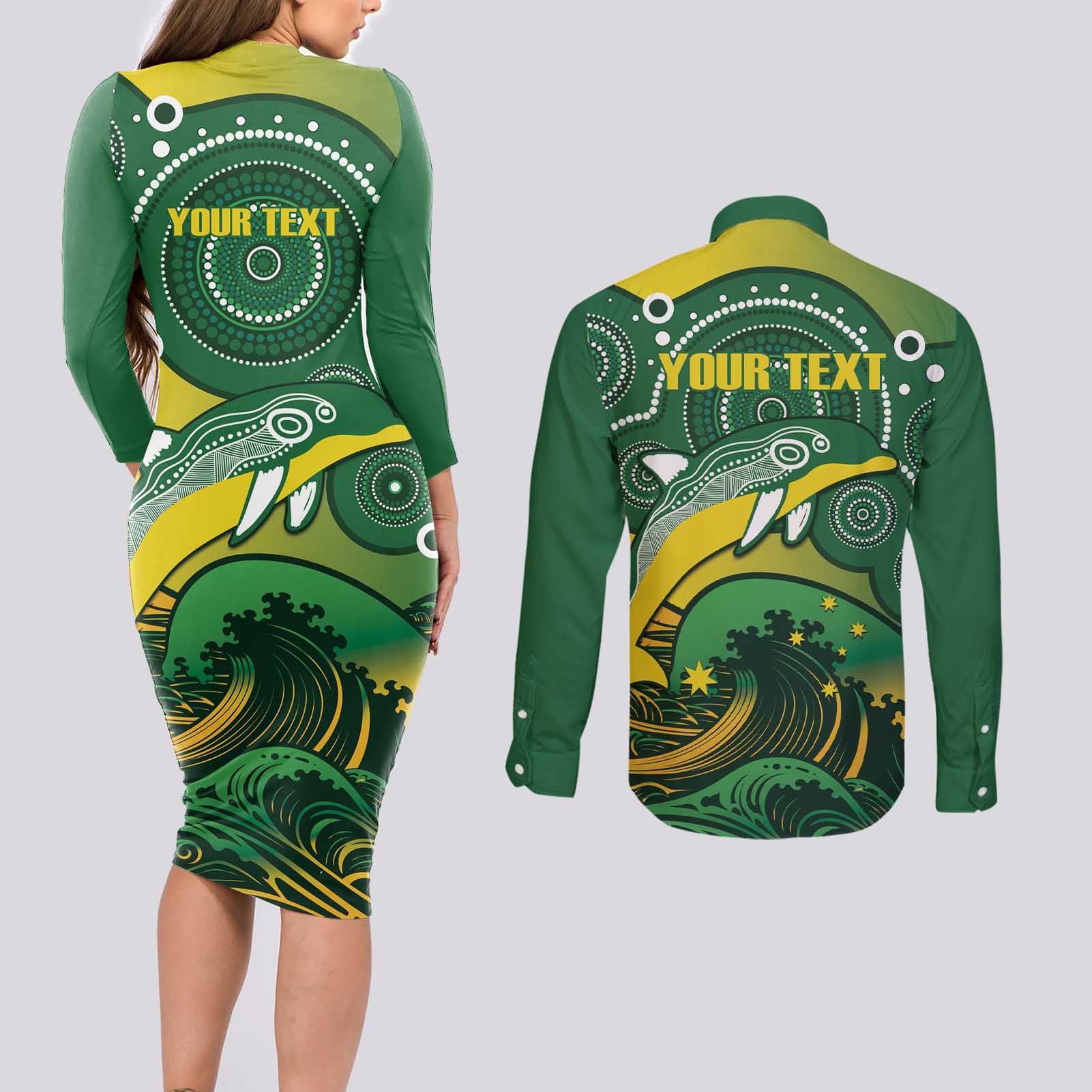 Personalised Australia Swimming Couples Matching Long Sleeve Bodycon Dress and Long Sleeve Button Shirt Aussie Dolphin Aboriginal National Color