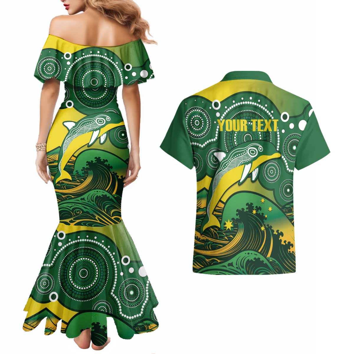 Personalised Australia Swimming Couples Matching Mermaid Dress and Hawaiian Shirt Aussie Dolphin Aboriginal National Color