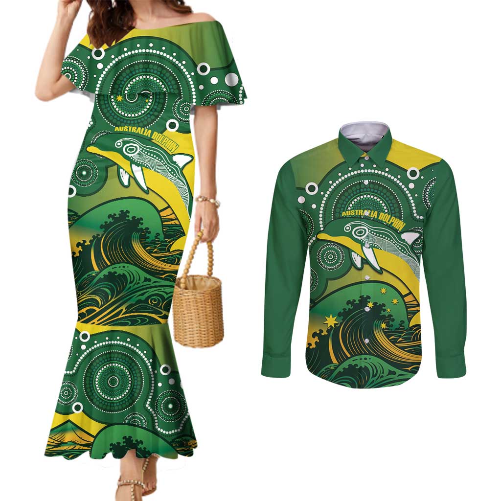 Personalised Australia Swimming Couples Matching Mermaid Dress and Long Sleeve Button Shirt Aussie Dolphin Aboriginal National Color