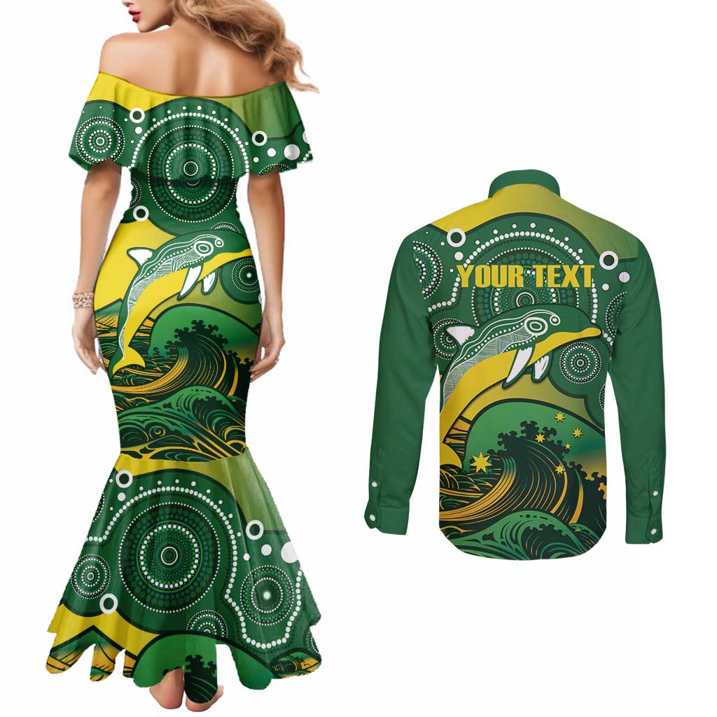 Personalised Australia Swimming Couples Matching Mermaid Dress and Long Sleeve Button Shirt Aussie Dolphin Aboriginal National Color