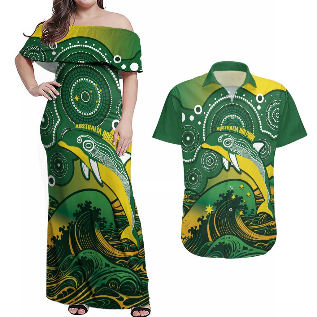 Personalised Australia Swimming Couples Matching Off Shoulder Maxi Dress and Hawaiian Shirt Aussie Dolphin Aboriginal National Color