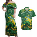 Personalised Australia Swimming Couples Matching Off Shoulder Maxi Dress and Hawaiian Shirt Aussie Dolphin Aboriginal National Color